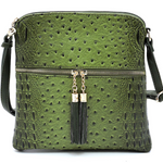 Olive Ostrich Croc Zip Tassel Crossbody Purse