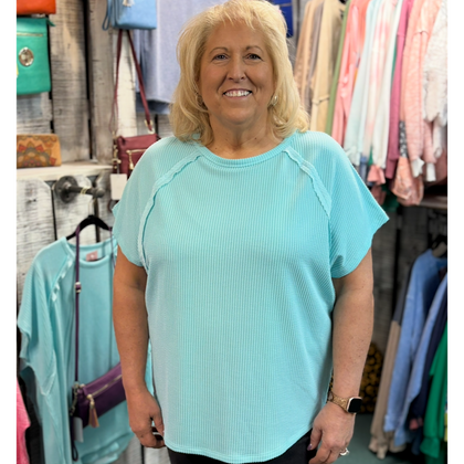 Aqua Blue Ribbed Knit Short Sleeve Plus Size Top