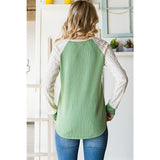 Sage Green Textured Knit/Lace Raglan Sleeve Top