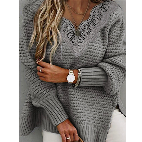 Grey Textured Sweater Knit V Neck with Lace Accent Top