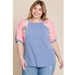 Blue with Neon Pink Animal Print Contrast Short Sleeve Plus Size Top
