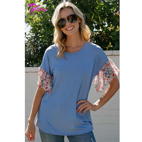 Periwinkle with Chiffon Floral Ruffle Sleeves  Plus Size Top