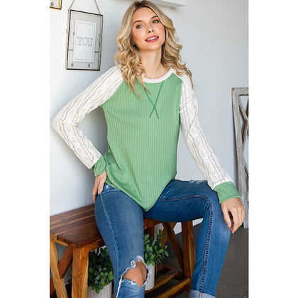 Sage Green Textured Knit/Lace Raglan Sleeve Top