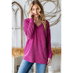 Fuchsia Ribbed Knit Long Sleeve High Low Plus Size Top