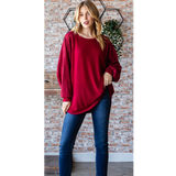 Burgundy Lace Contrast Long Sleeve Plus Size Top