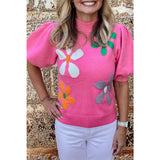 Bright Pink Floral Short Bubble Sleeve Sweater Knit Top