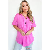 Pink Raw Edge Button Henley Short Sleeve Top