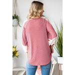 Marsala Textured Knit with Lace Accents V-Neck Raglan Sleeve Top
