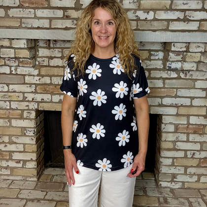 Black Daisy Print Rolled Sleeve Knit Top