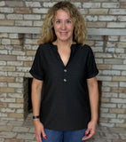 Black Eyelet Button Front Notch Neck Top