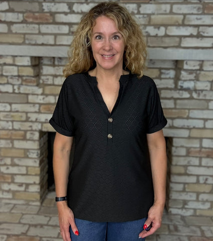 Black Eyelet Button Front Notch Neck Top