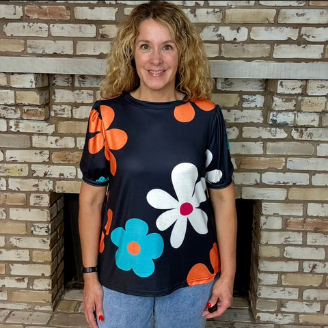 Black Retro Bold Floral Puff Sleeve Top