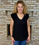 Black Ruffle Shoulder Textured Knit Sleeveless Top