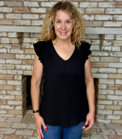 Black Ruffle Shoulder Textured Knit Sleeveless Top