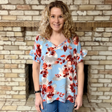 Blue Floral V-Neck Ruffle Short Sleeve Blouse