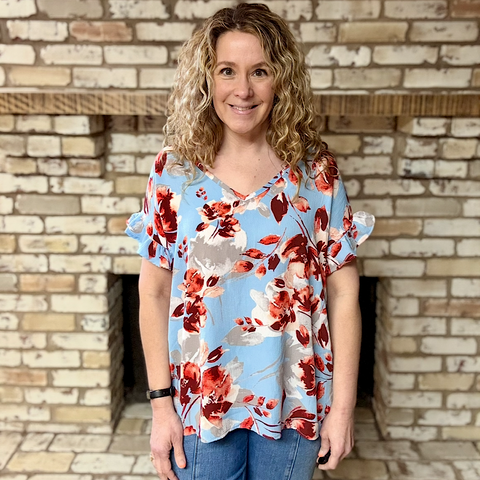 Blue Floral V-Neck Ruffle Short Sleeve Blouse