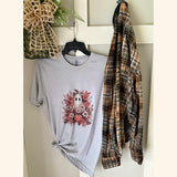 Boho Ghost & Blooms Fall Graphic T-Shirt and Bleached Dyed Flannel Set