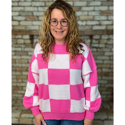 Bright Pink & Ivory Checkered Pattern Long Sleeve Knit Sweater Top