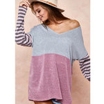 Grey 2 Tone Color Block with Striped Sleeves Sweater Top