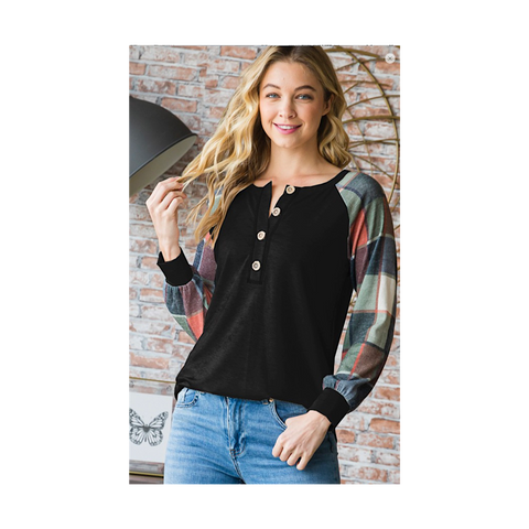 Black Solid and Plaid Puff Sleeve Plus Size Top