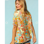 Peach Turquoise and Yellow Floral Short Sleeve Plus Size Top