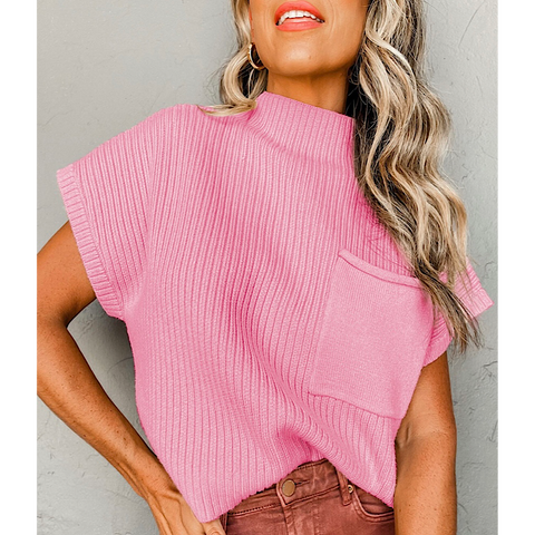 Pink Patch Pocket Ribbed Knit Short Sleeve Sweater Top
