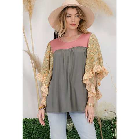 Sage Green and Mauve with Floral Butterfly Sleeves Plus Size Top