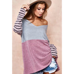 Grey 2 Tone Color Block with Striped Sleeves Sweater Top