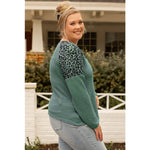 Mist Green with Leopard Waffle Knit Henley Plus Size Top