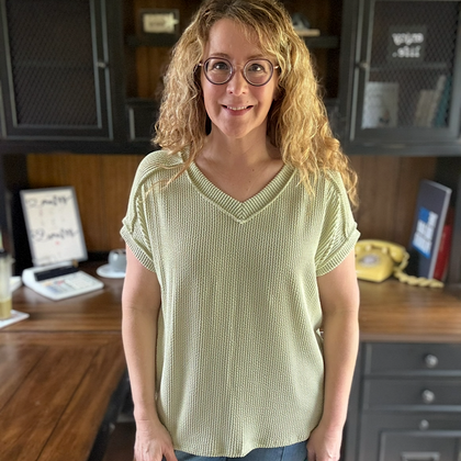 Celery Green Twist Ribbed Knit V-Neck Short Sleeve Top