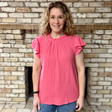 Coral Pink Ruffle Sleeve Ruffle Neck Textured Crinkle Top