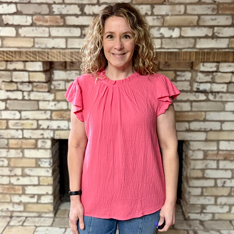 Coral Pink Ruffle Sleeve Ruffle Neck Textured Crinkle Top