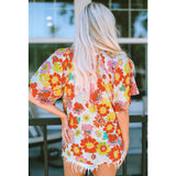 Orange Pink Yellow Large Floral Print V-Neck Blouse Top