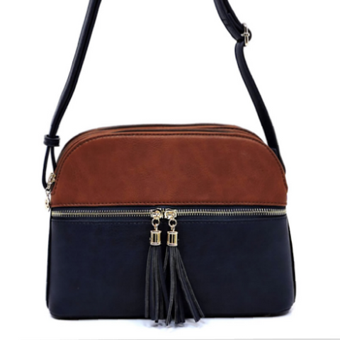 Coffee/Navy Color Block Multi Compartment Crossbody Purse