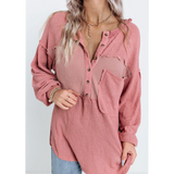 Pink Frayed Patchwork Waffle Knit Top