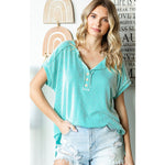 Aqua Ribbed Short Sleeve Henley Top