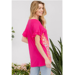 Fuchsia with Multi Color Leopard Accents Short Sleeve Plus Size Top