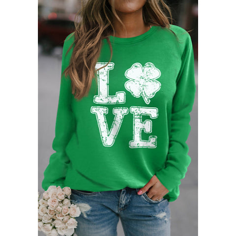 Green LOVE Shamrock Print Raglan Sleeve Pullover Top