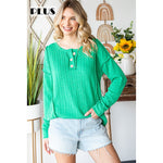 Green Cable Knit Long Sleeve Henley Plus Size Top