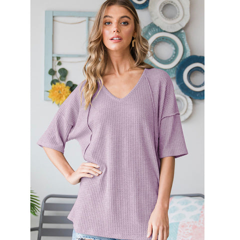 Lavender Waffle Knit Half Sleeve Plus Size Top
