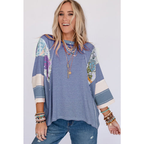Sky Blue Pinstriped Color Block Patchwork Oversized Top