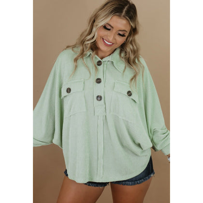 Light Green Ribbed Pocketed Sleeve Henley  Plus Size Top