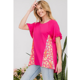 Fuchsia with Multi Color Leopard Accents Short Sleeve Plus Size Top