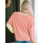 Peach Color Block with Stripe Accents Long Sleeve Top
