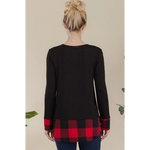 Black with Buffalo Plaid Curved Hem Long Sleeve Plus Size Top