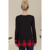 Black with Buffalo Plaid Curved Hem Long Sleeve Plus Size Top