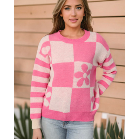 Strawberry Pink Checkered & Flower Print Striped Sleeve Sweater Top