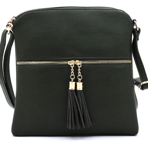 Olive Zip Tassel Crossbody Purse