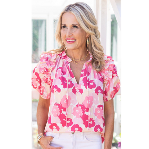 Shades of Pink Floral Ruffle V-Neck Blouse Top