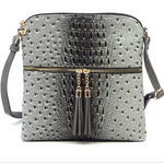 Grey Ostrich Croc Zip Tassel Crossbody Purse